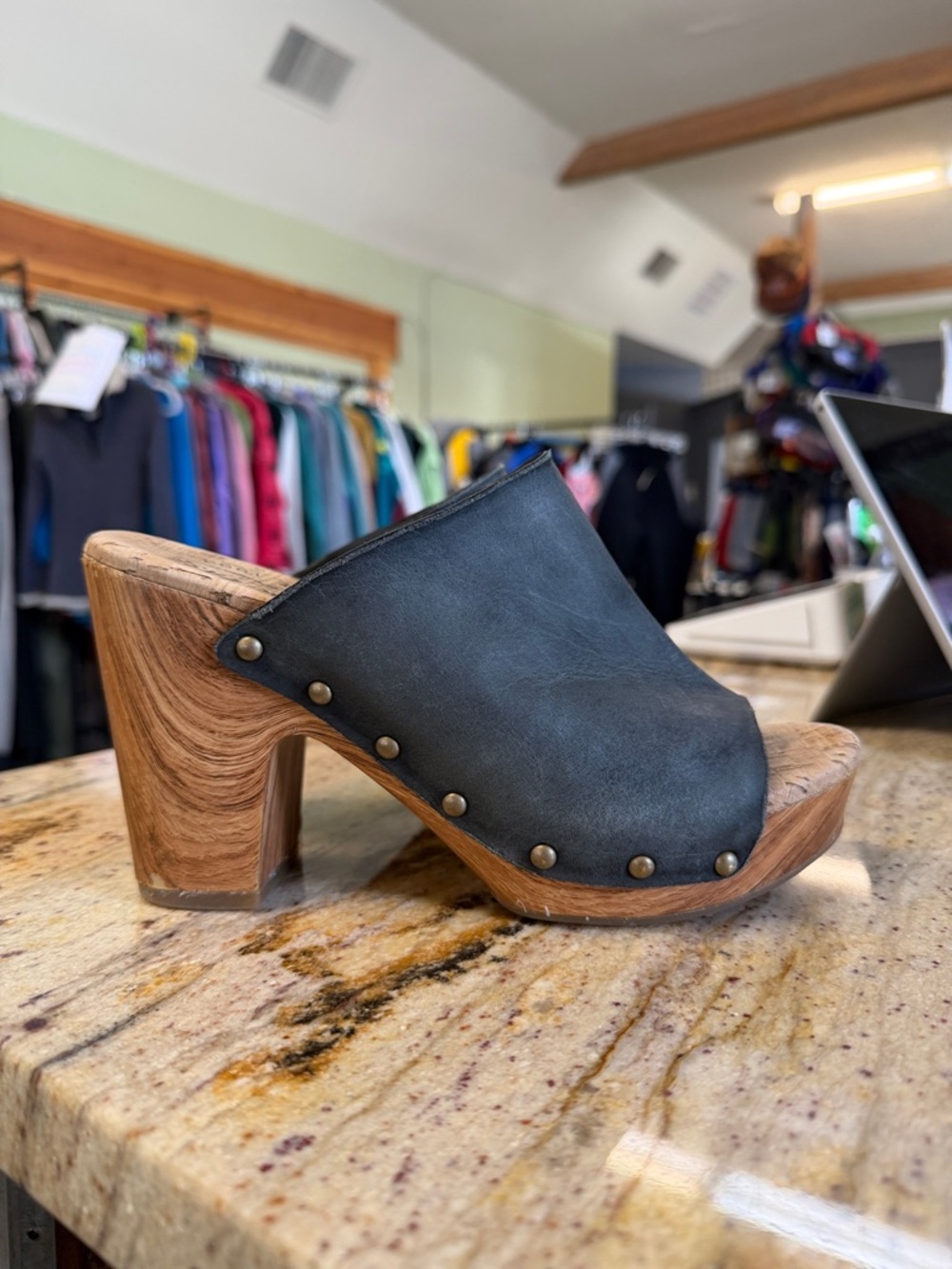 Kork-Ease Black Leather Studded Clog Mule
